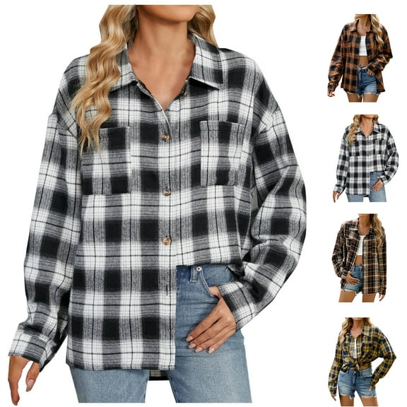 Winter Plaid Jackets for Womens Fashion Plus Size Casual Lapel Plaid Long Sleeve Unless Casual Coat
