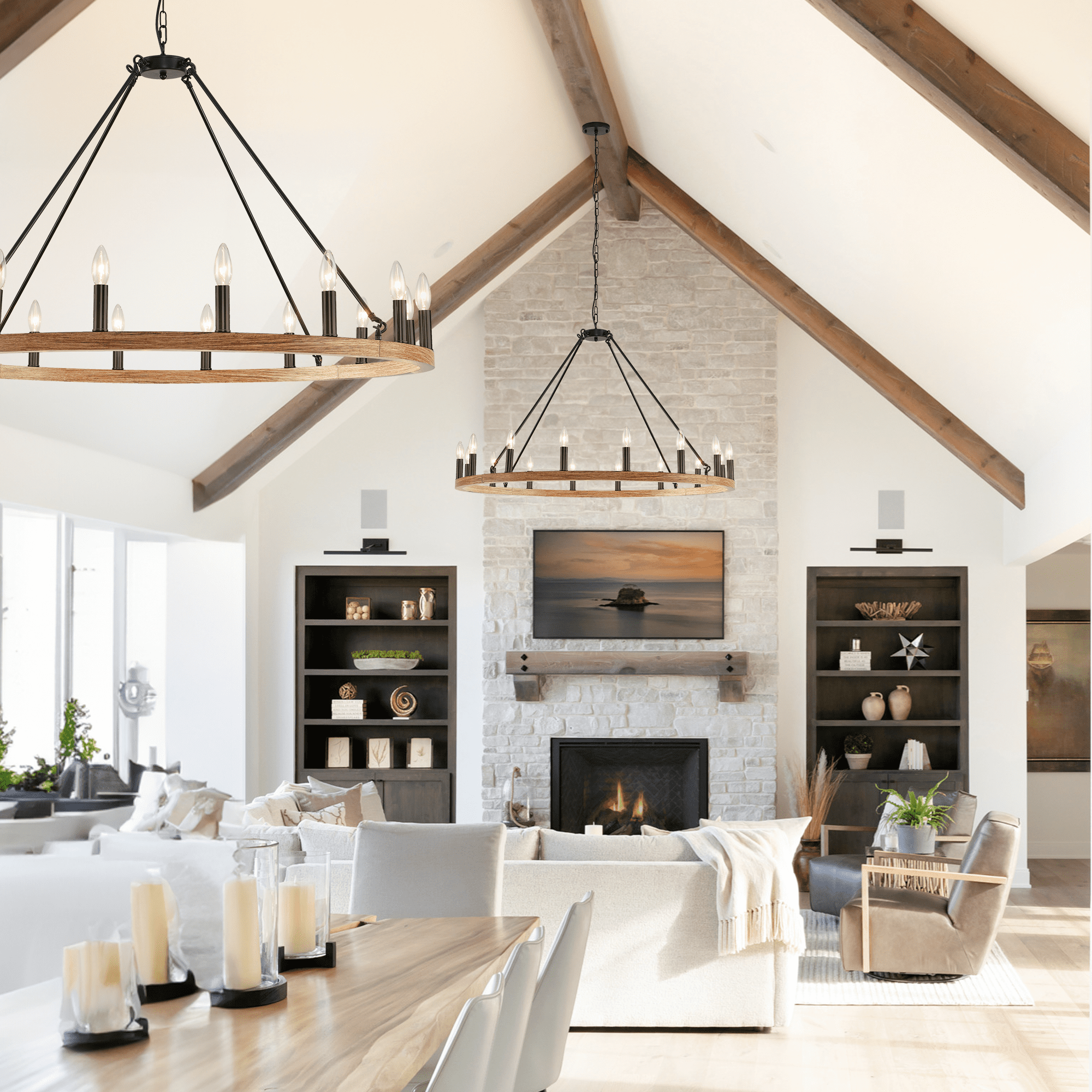 LovingAHome Walnut Wagon Wheel Chandelier 43" Wide Industrial 16-Light Fixture for Dining Room House Foyer Kitchen Island Entryway