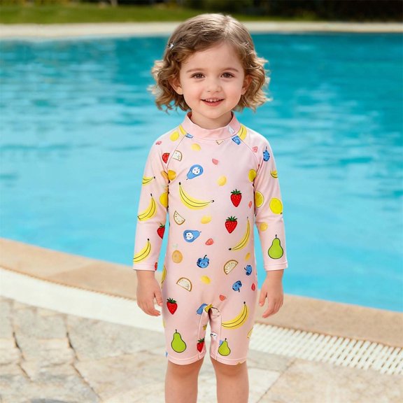 Baby Boys Girls One Piece Swimsuit Long Sleeve Protection Bathing Suit Infant Toddler Summer Printed Swimwear Pink 3-4 Years