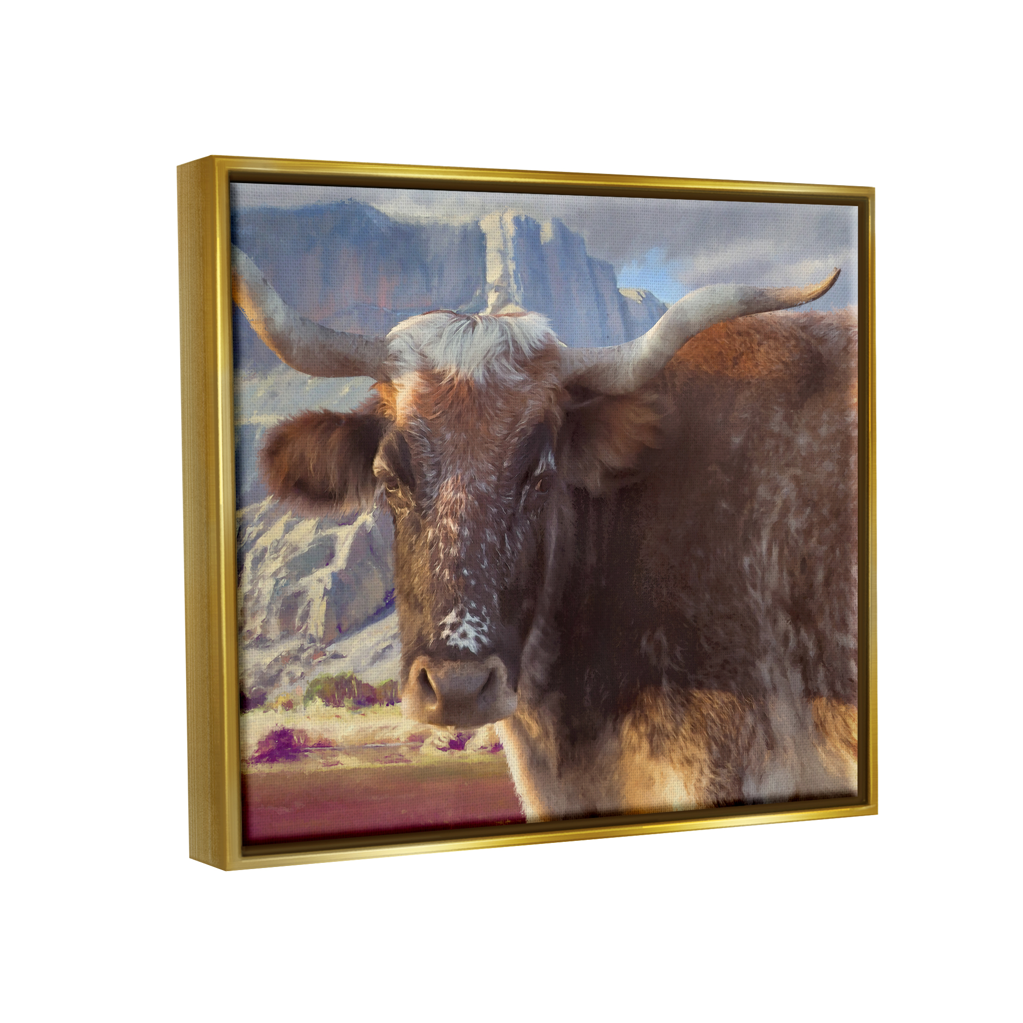 Stupell Longhorn Cattle Rural Mountains Animals & Insects Painting Gold Floater Framed Art Print Wall Art