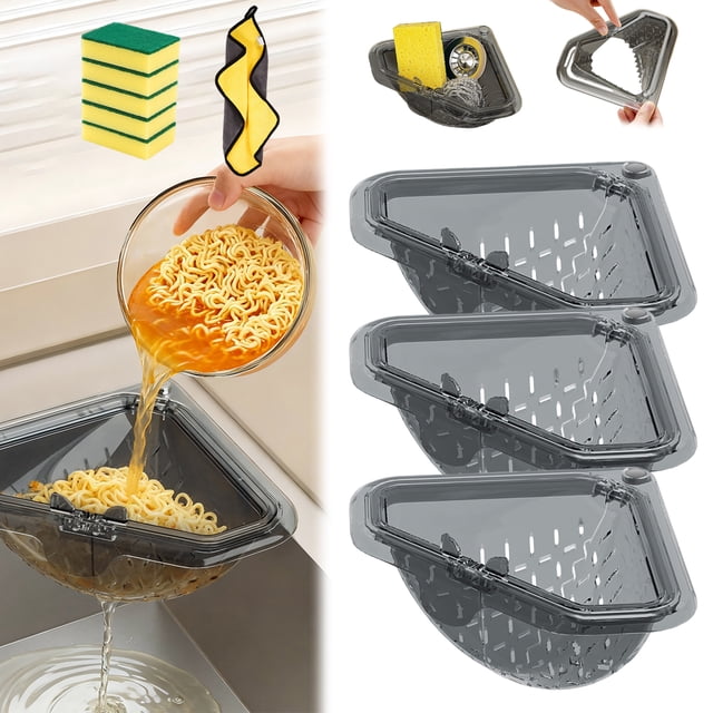 Magnetic Triangle Sink Strainer, Magnetic Corner Sink Strainer, Basket with Twist-Open Bottom, Sinks Corner Strainer for Food Scraps, Kitchen Accessory for Cooking, No-Drill Mount (3PCS)