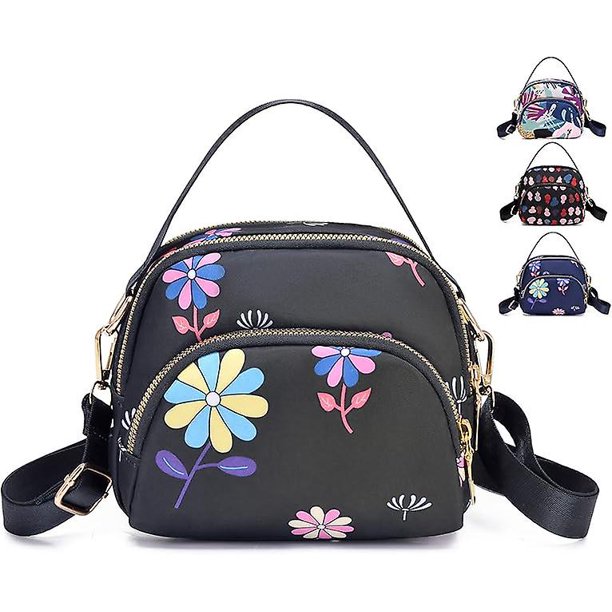 Bolso bandolera para teléfono para mujer, bolso de hombro tipo billetera de nailon, monedero para teléfono celular con cremallera de 3 capas y correa ajustable (patrón negro 2)