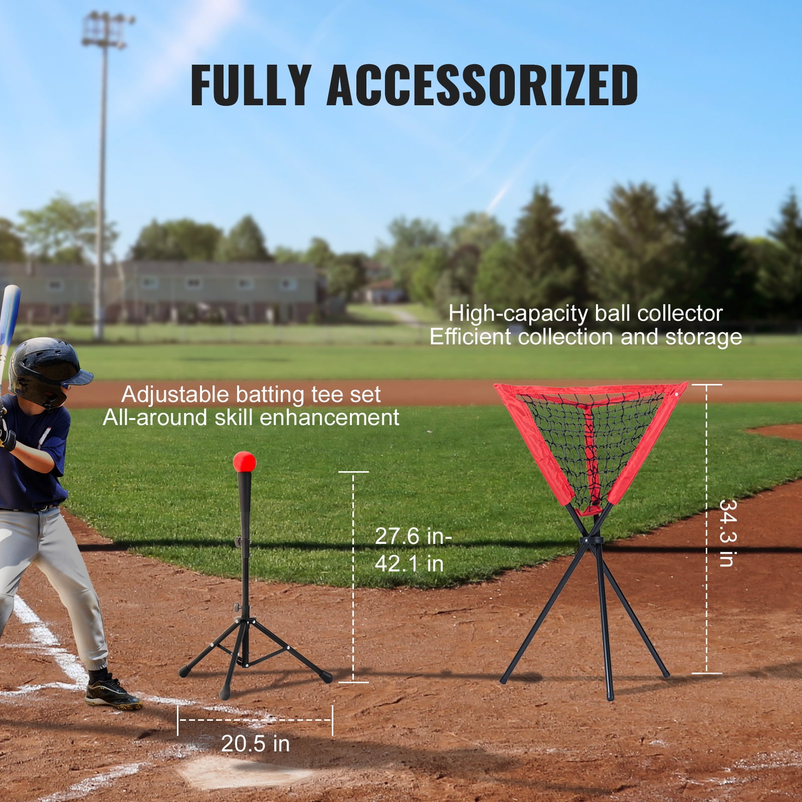KFFKFF 7x7 ft Baseball & Softball Practice Net for Batting, Catching, and Pitching, Baseball Hit Net with Arc Frame, Transport Bag, Strike Zone, Sphere, Tee, and Ball Gatherer