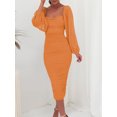 thumbnail image 2 of Mialoley Women's Slim Midi Dress Solid Color Long Sleeve Square Neck Slit Ruched Dress Party Gown, 2 of 9