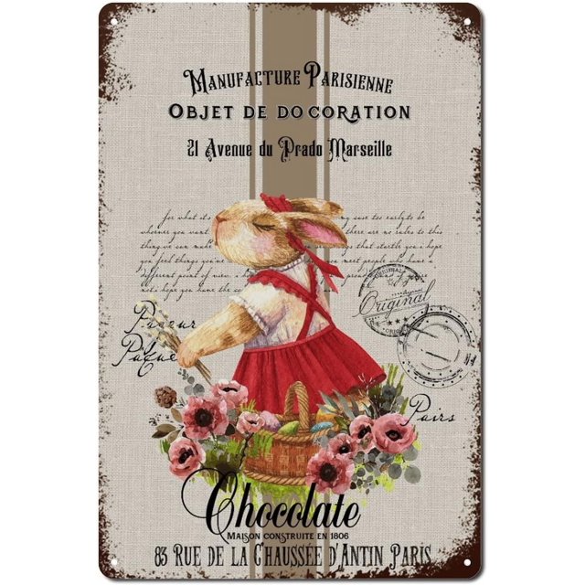 Letreros metálicos retro vintage con diseño floral de primavera y conejo de Pascua, placa de metal con diseño de conejo de Pascua de 12 x 8 pulgadas