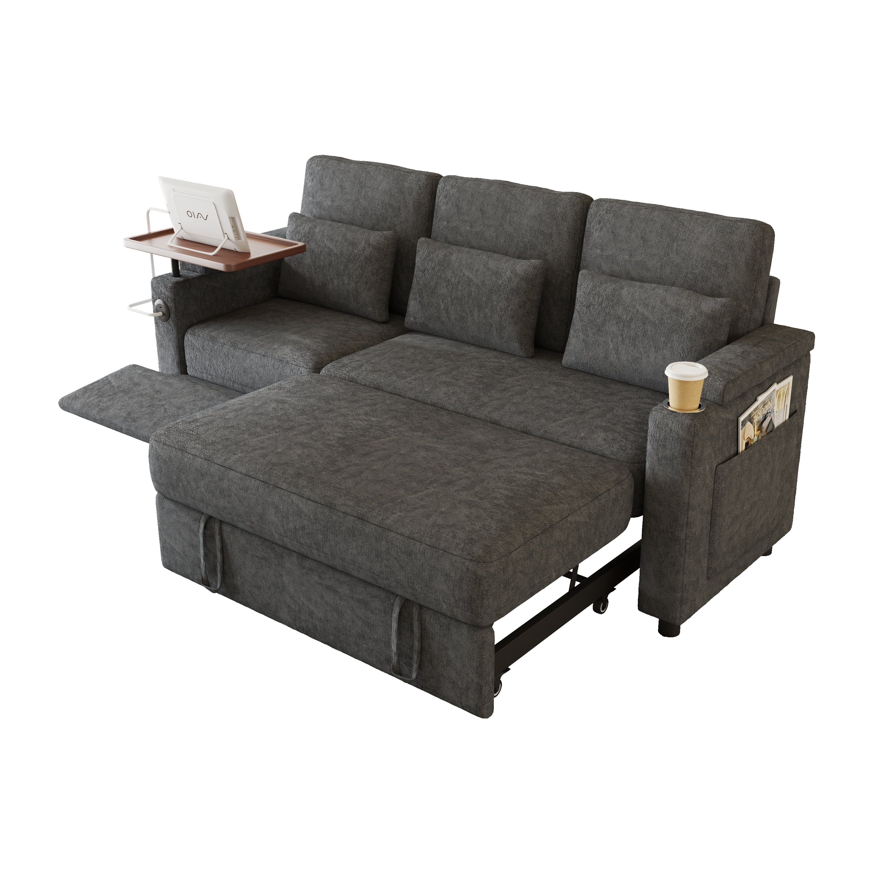 AISWORD 83" 3-in-1 Convertible Pull Out Sofa Bed, 6 Position Adjustable Sleeper Couch with USB Ports, Laptop Table, Cup Holders & Side Storage Pockets, Grey