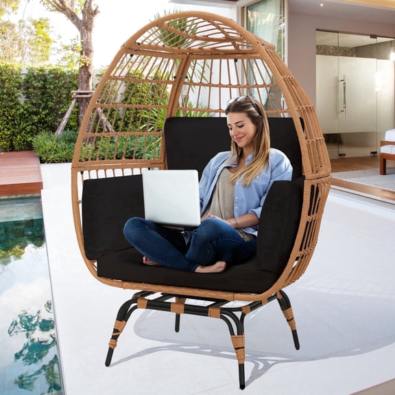 Melocadol Oversized 360-Degree Swivel Egg Chair, Perfect for Indoor and Outdoor, Pairs Well with Any Wicker Patio Furniture, Rattan Design with Plush, Washable Cushions， Natural Rattan, Black Cushion