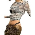thumbnail image 5 of Dewadbow Women See-through Mesh Newspaper T-shirt Print Long Sleeve Crop Tops, 5 of 6