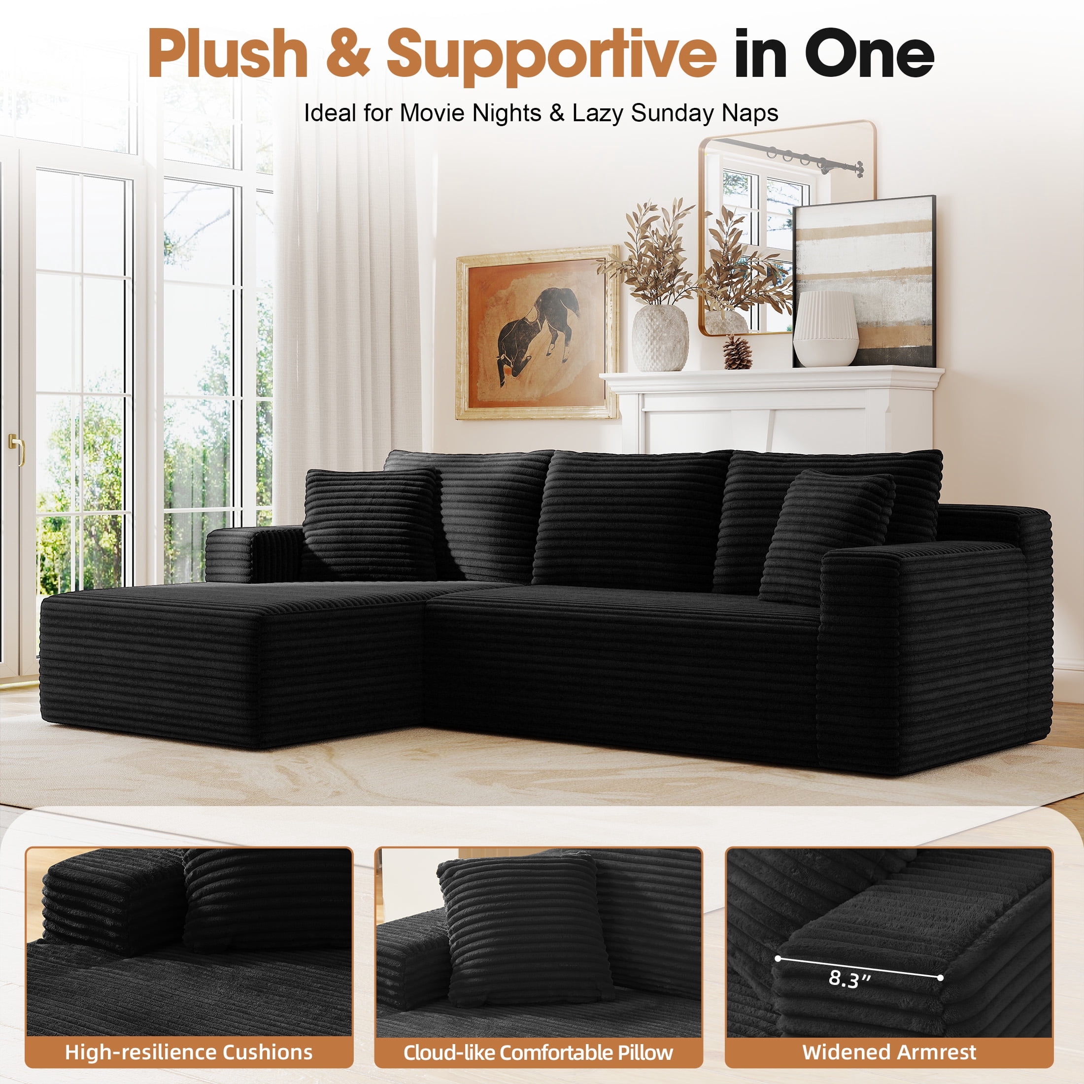 Aukfa Modular Sectional Sofa with Chaise, 95" Boneless Cloud Couch for Living Room, Black