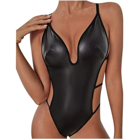 

Women Shapewear Tummy Control Thong Artificial Leather Bodysuit Open Bust Body Shaper
