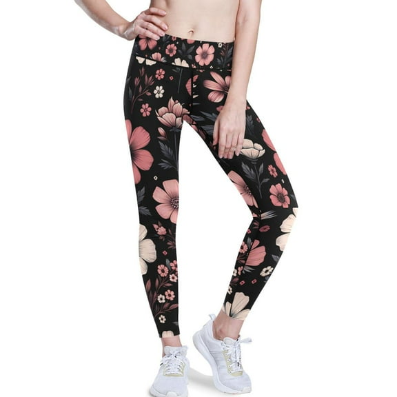 Ckdifva Pink Flower on Black Yoga Pants with Pockets for Women Workout Athletic Yoga Leggings