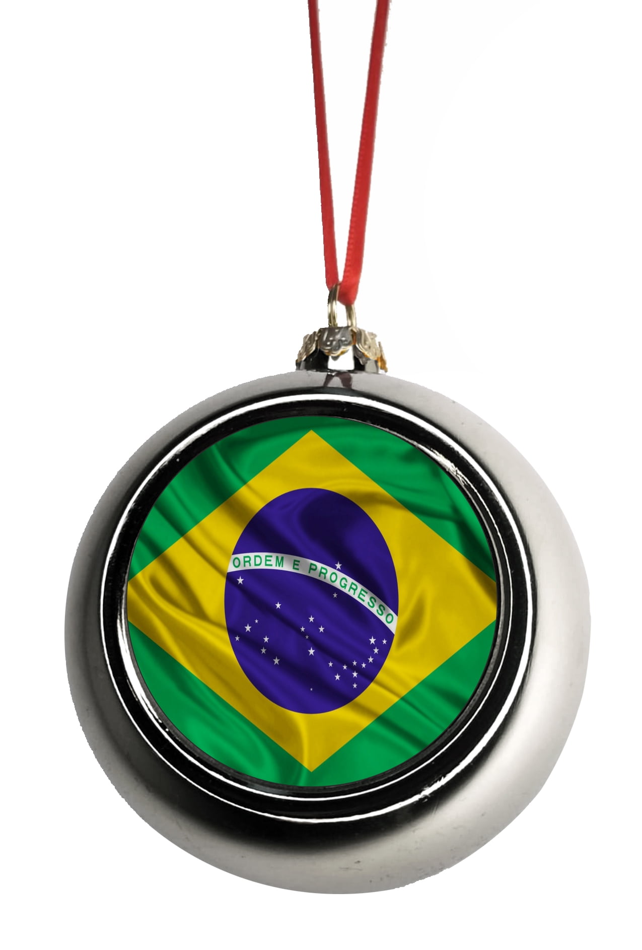 Flag Brazil - Brazilian Waving Flag Bauble Christmas Ornaments Silver