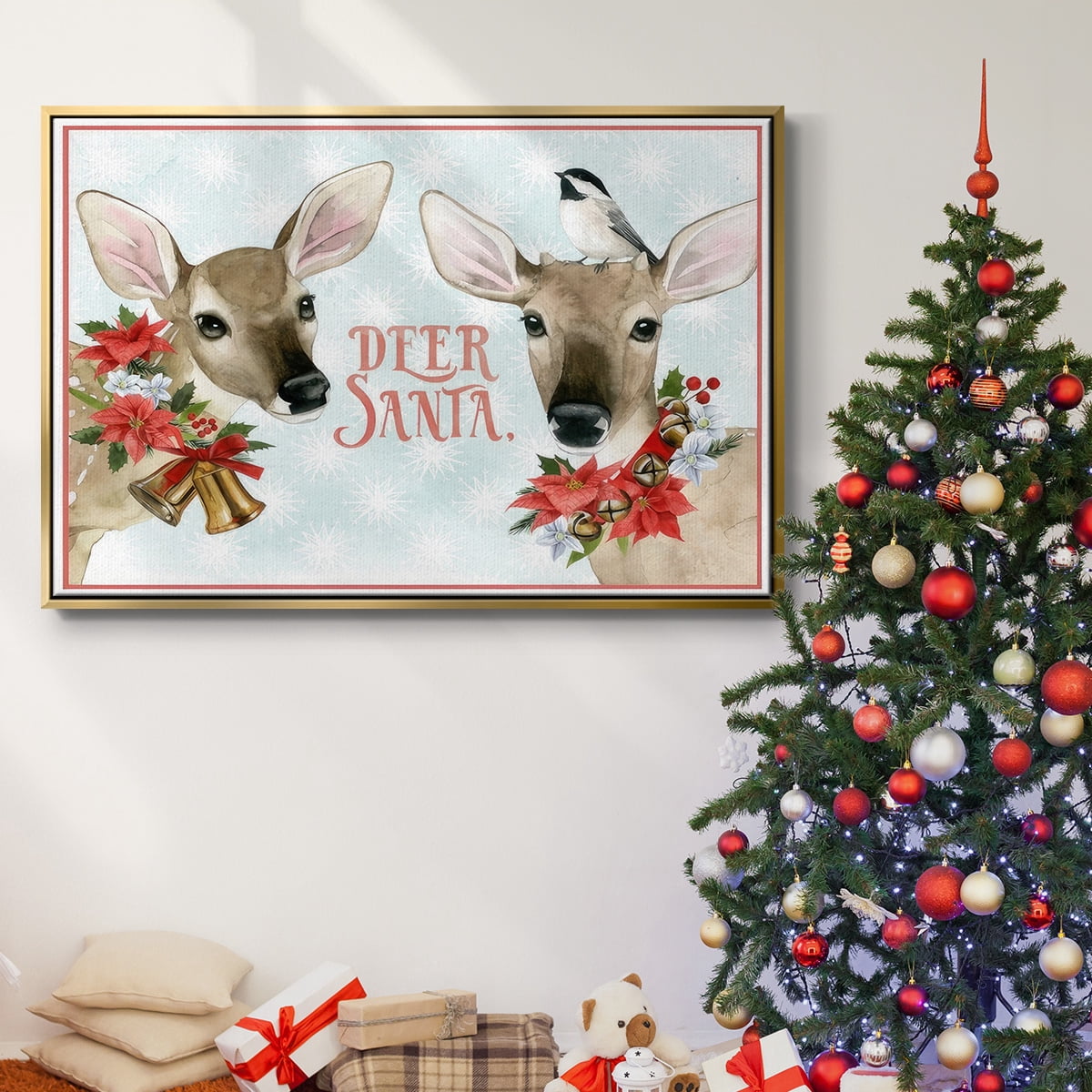 Deer Christmas Collection A - Framed Gallery Wrapped Holiday Canvas - 27 x 41 - Gold Frame