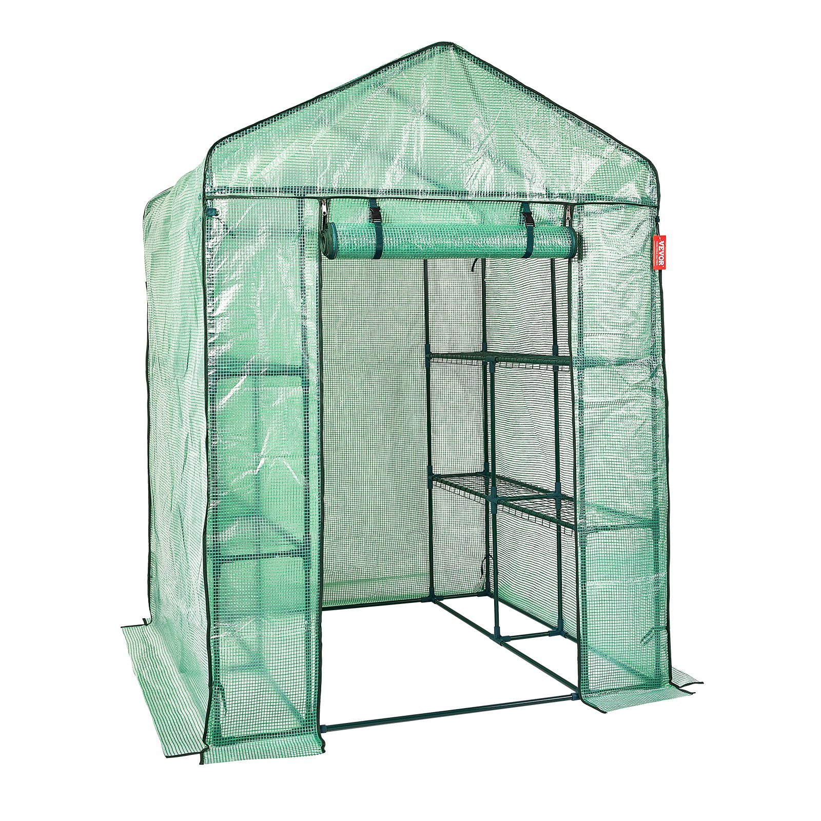Portable Walk-in Greenhouse 4.6x4.6x6.6ft, Durable PE Cover, Zipper Door, Steel Frame w/Shelves