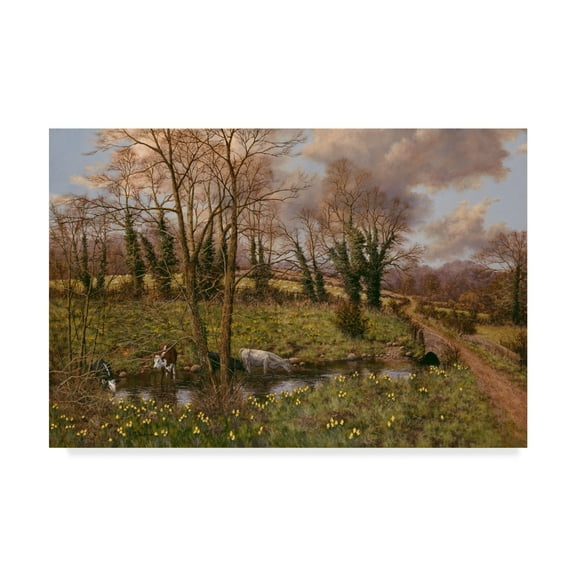 Trademark Fine Art 'Cattle And Daffodils' Canvas Art by Bill Makinson