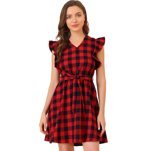 Vestido Cuadroscuadros Vintage Cinturón Línea A Rojo-Negro T M