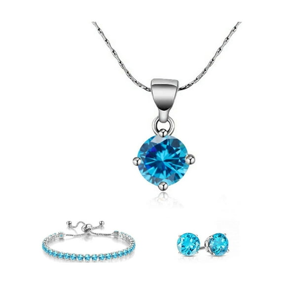 Paris Jewelry 10k White Gold 7 Ct Round Created Blue Topaz Set of Necklace, Earrings and Bracelet Plated