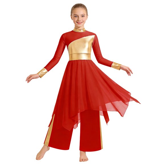renvena Girls Praise Dance Dress Long Sleeve Prayer Robe Worship Liturgical with Palazzo Pants Outfit Red 14