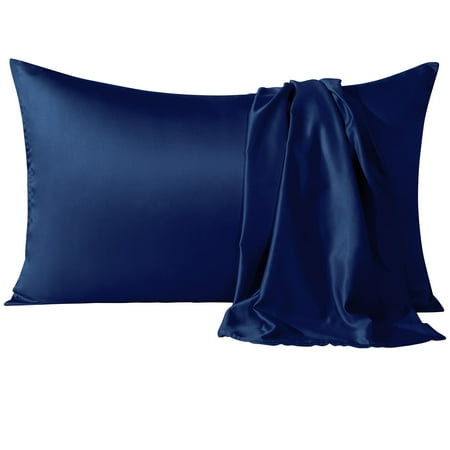 Flxxie Satin Pillowcases with Hidden Zipper for Hair and Skin Breathable Cooling Pillow Cases Navy Blue Queen 20 X30 2 Pack