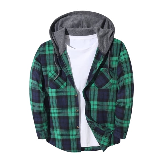 Evdexr Flannel Shirt for Men Button Down Plaid Long Sleeve Hoodie 2026 Drawstring Christmas Holiday Jackets Lightweight Hooded Trendy Tops with Pockets M