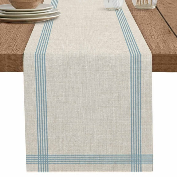 nqOlkjepod Blue Striped Table Runner 36 Inches Long Farmhouse Dress Scarves, Farmhouse Beige Geometric Minimalist Dining Tablerunner for Coffee Table/Kitchen Island/Party Décor, Small 13" x 36"