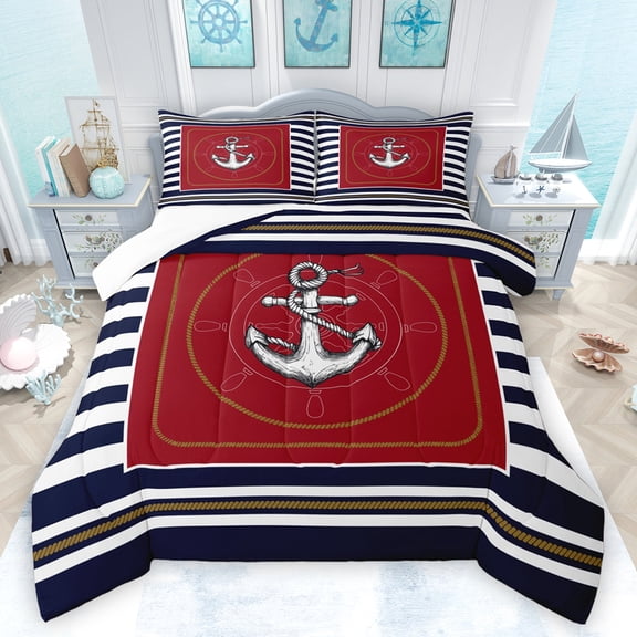 Feelyou Sailboat Anchcor Kids Bedding Comforter Set, Cartoon Rudder Print Twin Comforter Sets, Ocean Marine Theme Bedding Set, Breathable Home Decor, 2-Piece