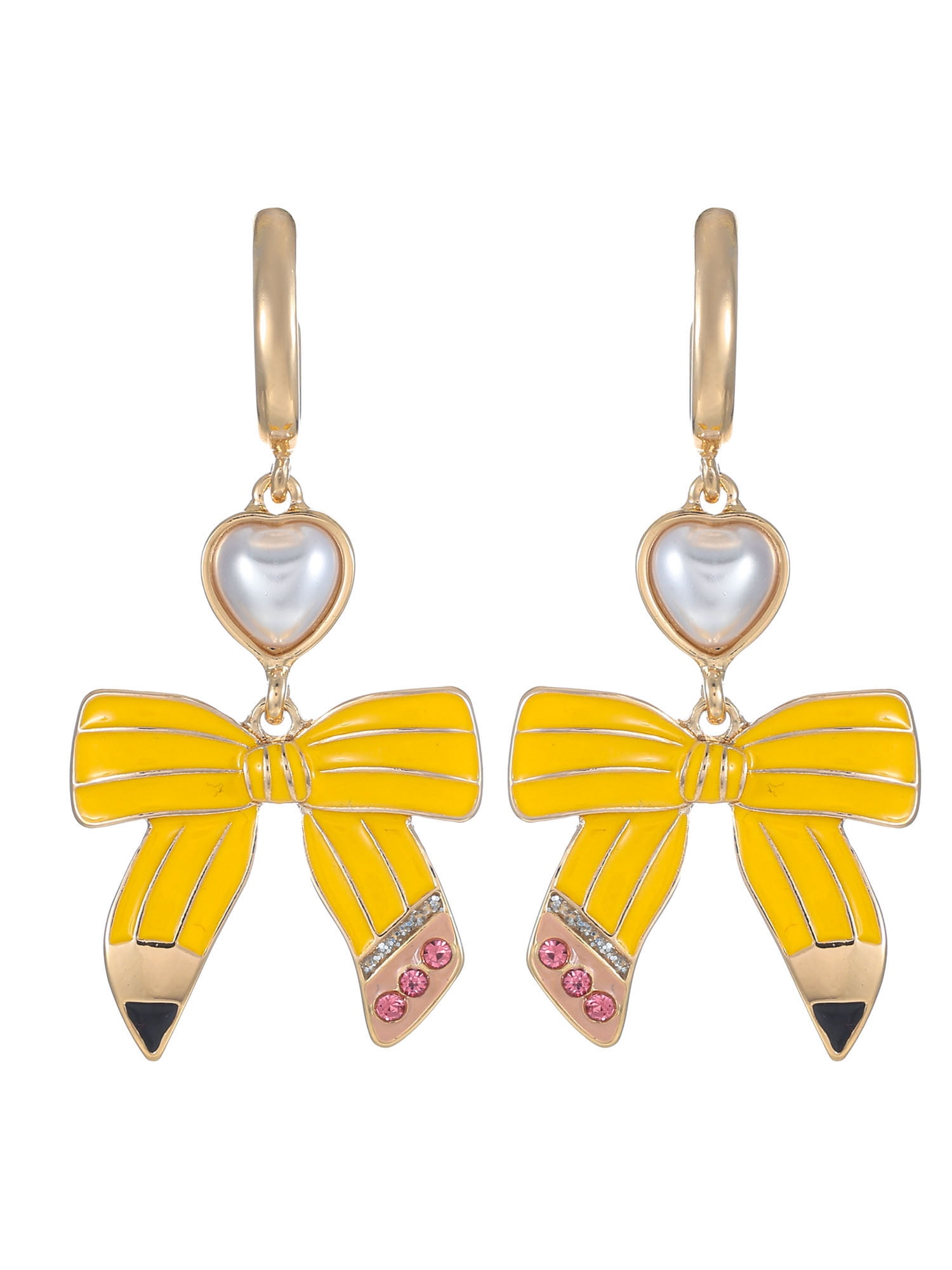 Packed Party Women's Pencil Bow Earrings with Pearl Heart for Back to School