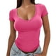 thumbnail image 1 of Camiseta ajustada con cuello en V y canalé para mujer - Blusa básica de punto de manga corta, poliéster, XS-XL, informal/para ir de compras/uso diario, para todas las estaciones, 1 of 7