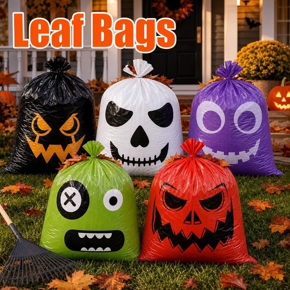 Halloween Leaf Lawn Bags, 10 Pack 24 x 30-Inch Pumpkin Skull Printed Yard Waste Bags in 5 Designs for Outdoor Fall Thanksgiving Lawn Porch Party Decor