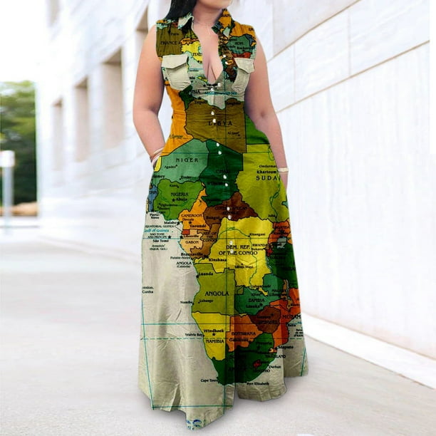 Vestido camisero informal con solapa y sin mangas con estampado de mapa para mujer de talla grande