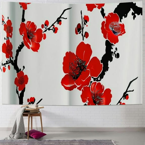 BCIIG Red Flower Black Branch Tapestry Wall Hanging Unique Style for Home Decor, Graphic Tapestries Art for Living Room Bedroom Dorm, 4 Sizes Available 40x30inch