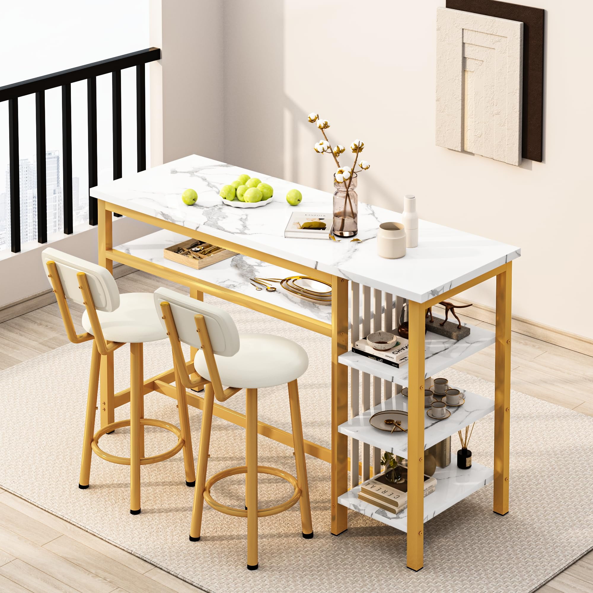 Lamerge Bar Dining Table Set for 2, 3 Piece Bar Table and Chairs Set, Kitchen Counter Height Dining Table Set, Small Kitchen Bar Table with Storage, Breakfast Nook Set for Small Space, White+Gold