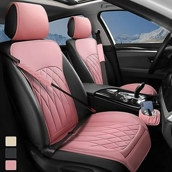 2 Pack Leather Front Car Seat Covers, Universal Sideless Car Seat Protectors with Storage Pocket and Seat Belt Pads, Waterproof Automotive Seat Cover for Cars Trucks SUV(Pink)
