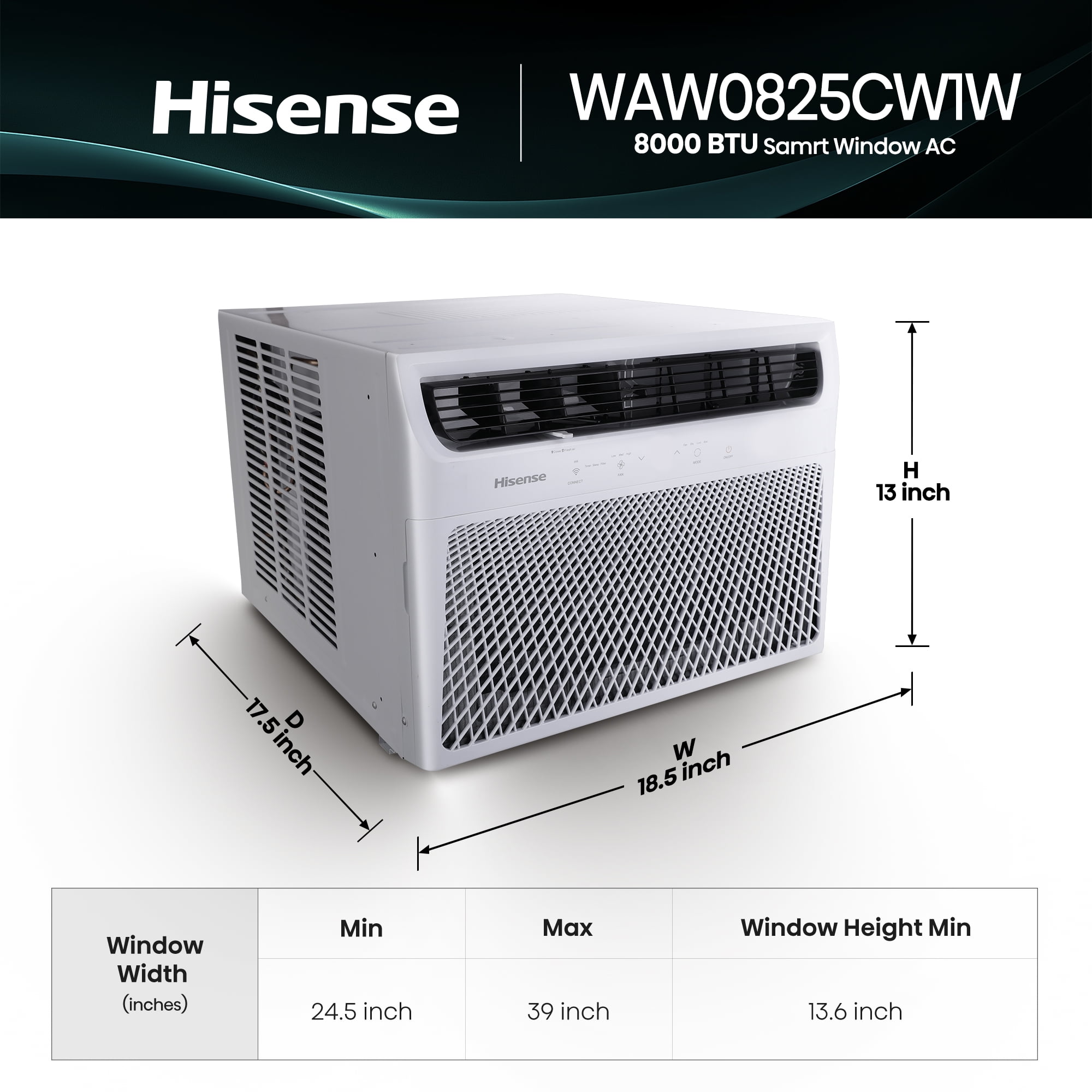 Hisense 8,000 BTU Window Air Conditioner 350 sq ft. Easy Clean, Easy to Install, 4-Way Air Direction, Remote Control, LED Display, Multi-Purpose Modes, ConnectLife App (WAW0825CW1W）