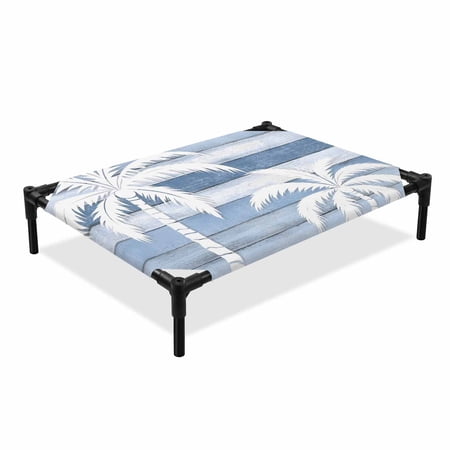 Summer Coconut Tree Elevated Dog Bed Coastal Tropical Palm Ocean Blue Wood Grain Cooling Breathable Outdoor Raised Dog Cot Bed with Metal Frame Non-Slip Feet for Large Dog 28x22in