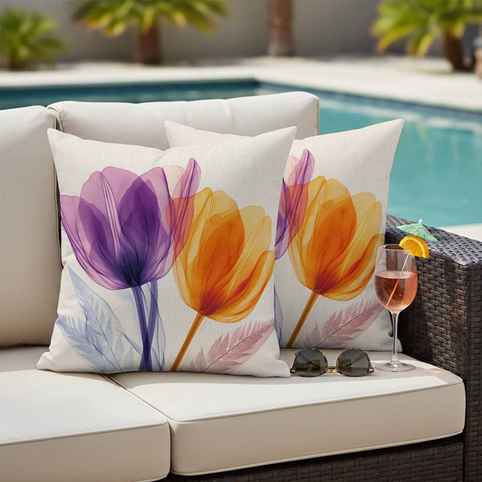 Spring Purple Pillow Covers 2 Pack Orange X-ray Tulip Flower Retro Pillowcase Waterproof Outdoor Throw Pillow Cover for Patio Garden Square Cushion 16”x16”