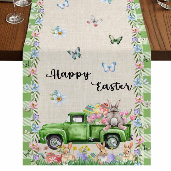 Table Runners 72 Inches Long Dress Scarves, Easter Farmhouse Kitchen Table Runner, Coffee Tablerunners, Spring Truck Rabbit Flowers Eggs Green Check 13x72 Inch