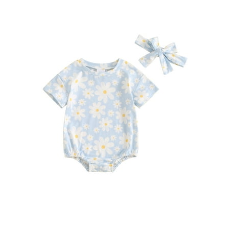 

ESASSALY Girl Summer Jumpsuit Daisy Print Short Sleeve Romper Headband