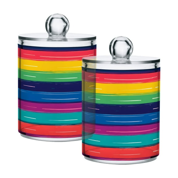 Ryvnso 2 Pack Qtip Holder Organizer Rainbow Stripes Pattern Bathroom Cotton Swabs Cans Storage Canister