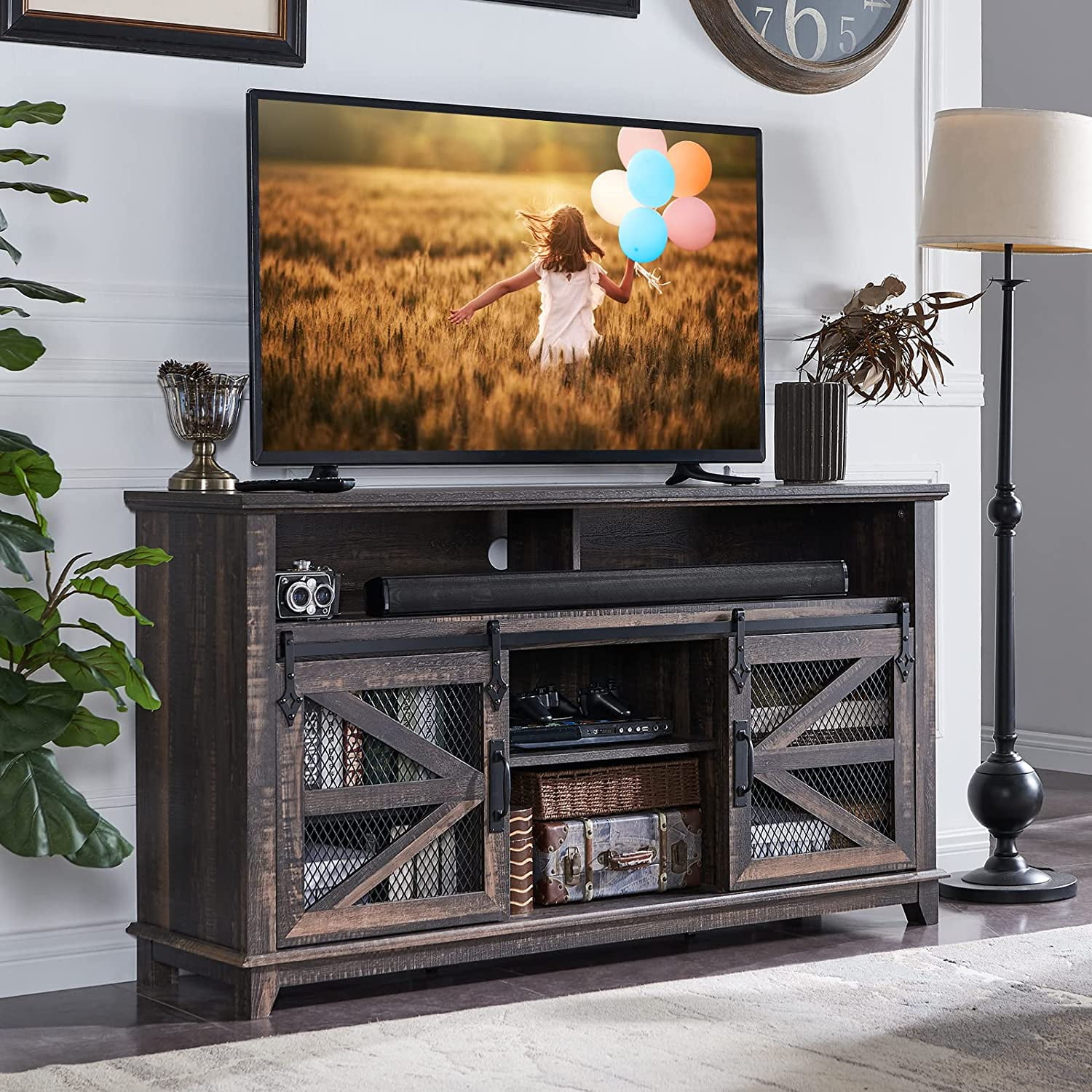 OKD Farmhouse Wood TV Stand for 65+ inch TV, Industrial & Farmhouse Media Entertainment Center