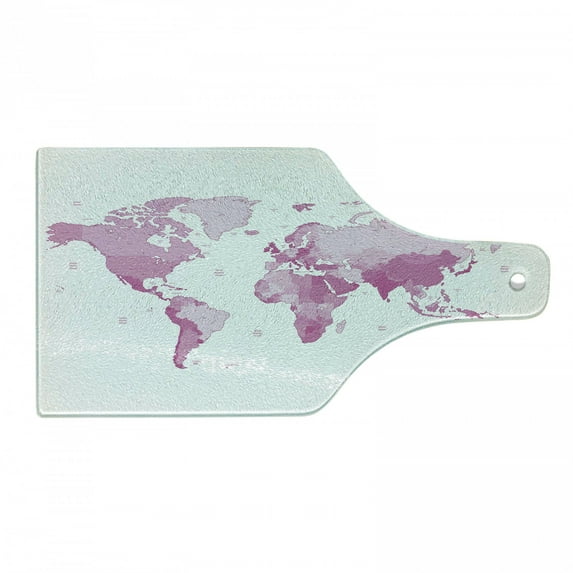 Pale Pink Cutting Board, World Map Continents Island Land Pacific Atlas Europe America Africa, Decorative Tempered Glass Cutting and Serving Board, Wine Bottle Shape, White Pale Pink, by Ambesonne