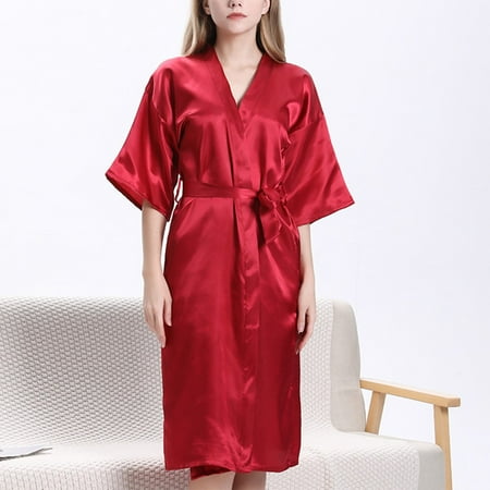 

ALSLIAO Satin Pajamas Women Summer Bathrobe Home Service Bride Bridesmaid Nightgown Wine Red M