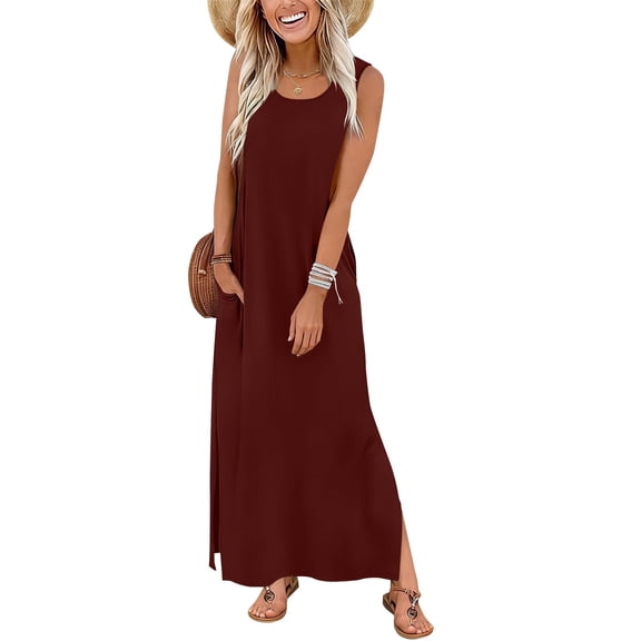 Gamivast Maxi Dresses for Women Sleeveless Crewneck Long Dress Loose Fit Maxi Dress Side Slit With Pockets Casual Beach Vacation Daily Tank Dress