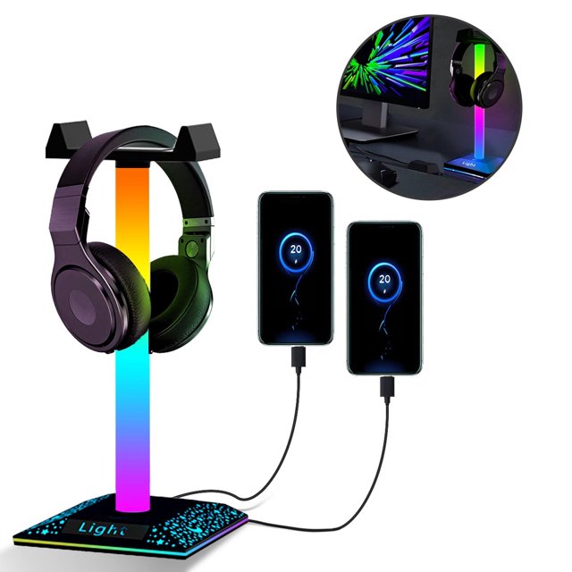 Soporte para auriculares RGB Luniquz, soporte para auriculares para juegos con 2 puertos de carga USB + luz LED, soporte para auriculares para juegos, soporte para auriculares para jugadores, accesor