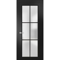 Solid French Door 28 x 96 inches | Planum 2122 Matte Black Frosted Glass | Single Regular Panel Frame Trims Handle | Bathroom Bedroom Sturdy Doors