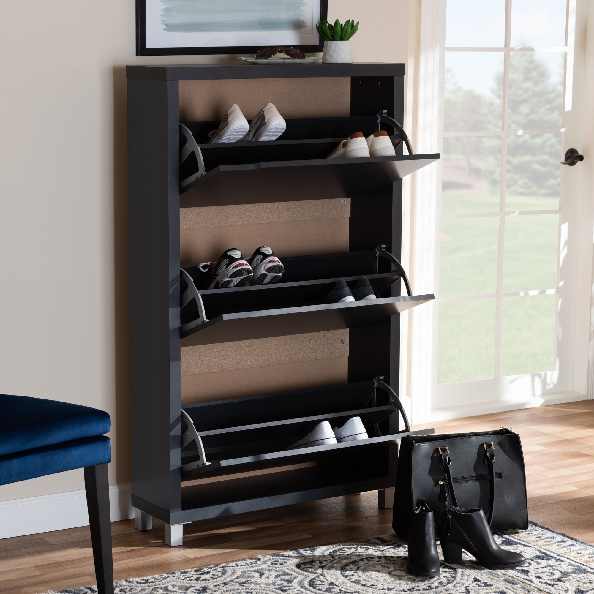 Baxton Studio Simms Modern And Contemporary Dark Grey Finished Wood Shoe Storage Cabinet With 6 Fold Out Racks Com Finished Wood Shoe Storage Cabinet, Baxton Shoe Cabinet Assembly