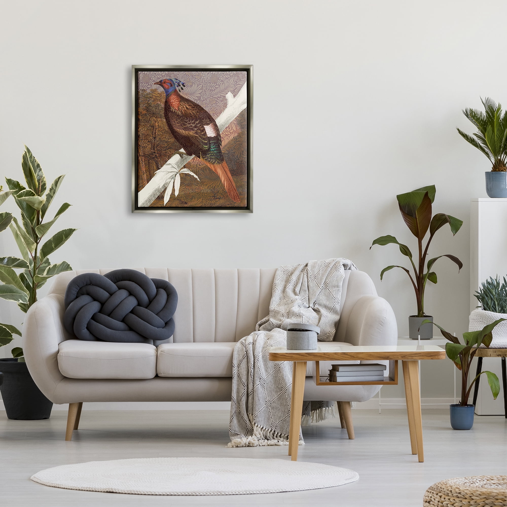 Stupell Industries Floral Patterned Pheasant Animals & Insects Painting Gray Floater Framed Art Print Wall Art, 25 x 31