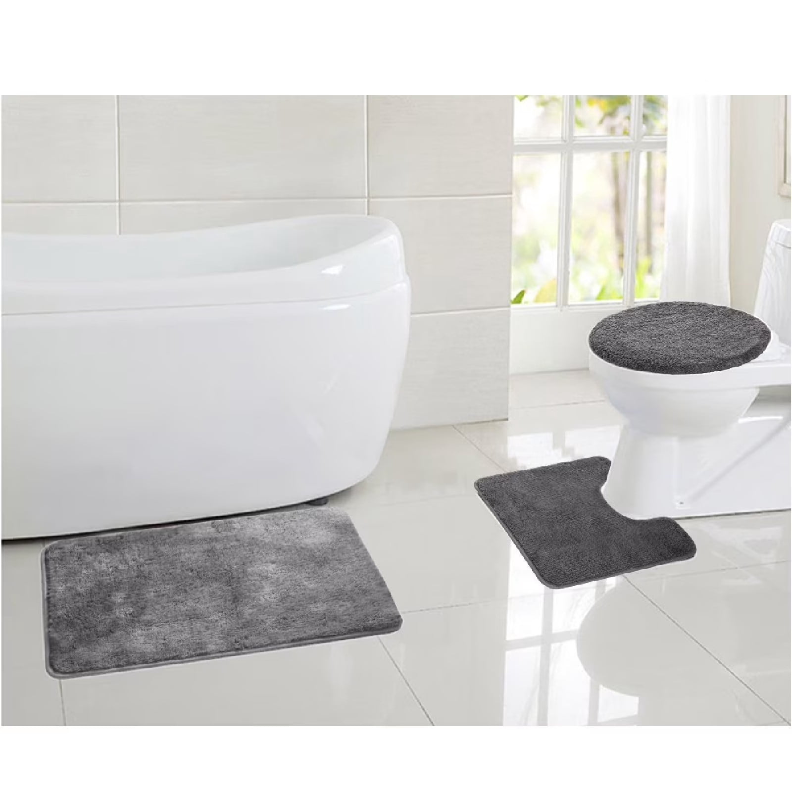 Eurhowing Bath Rug Set 3-Piece, Microfiber Non-Slip Absorbent Bathroom Mat Set, Ultra Soft Bath Mat with U-Shaped Contour Rug & Toilet Lid, Gray