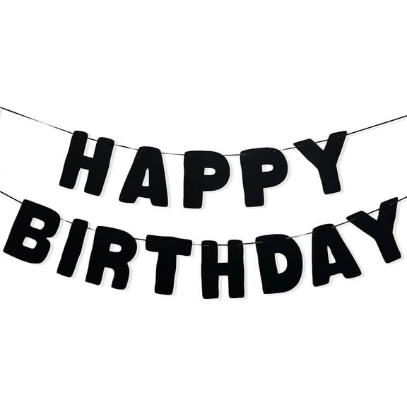 Pre-Strung Black Happy Birthday Banner, Ready to Hang, Felt Birthday Party Decorations for Men Women Photo Backdrop Home Office Decor