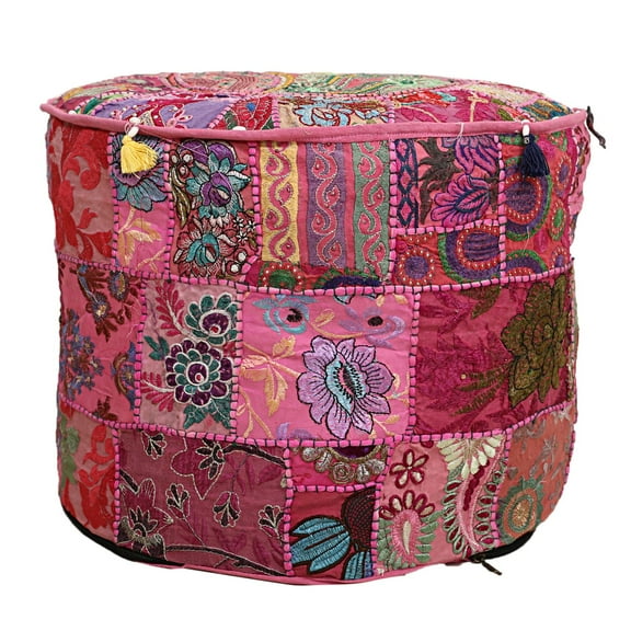 DK Homewares Indian Pouf Ottoman Cover Vintage Patchwork Pink Round Foot Rest Living Room Cotton Embroidered Pouffe Floor Cushion Floral Traditional 18x18x13 Inch - COVER ONLY
